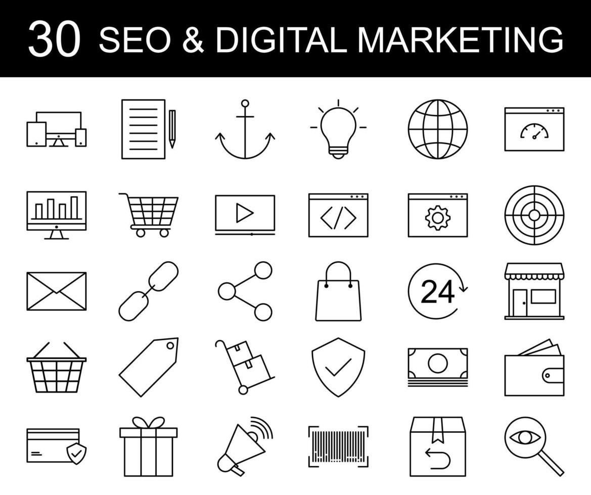 Symbole für SEO-Optimierung und digitales Marketing festgelegt. Web-Icon-Sammlung. Vektor-Illustration. Folge 10. vektor