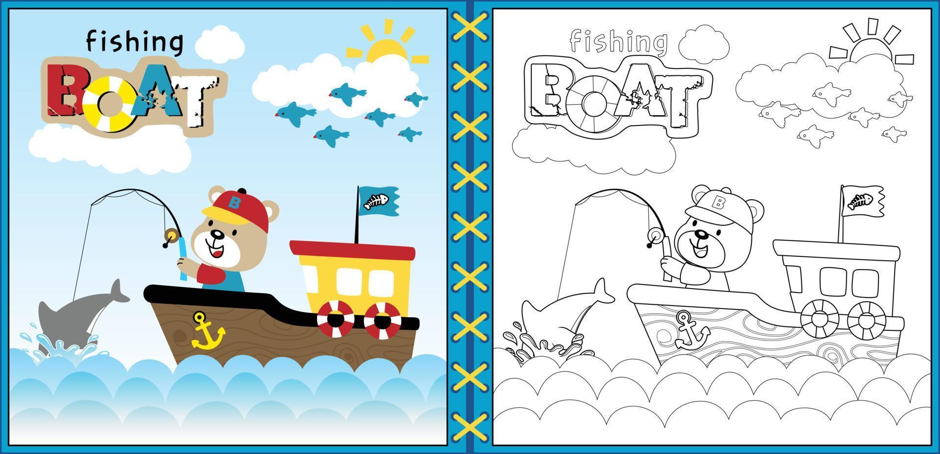 vektorkarikatur des niedlichen bärenfischens auf dem boot, gruppe der vogelfliege auf blauem himmelhintergrund, malbuch oder seite vektor