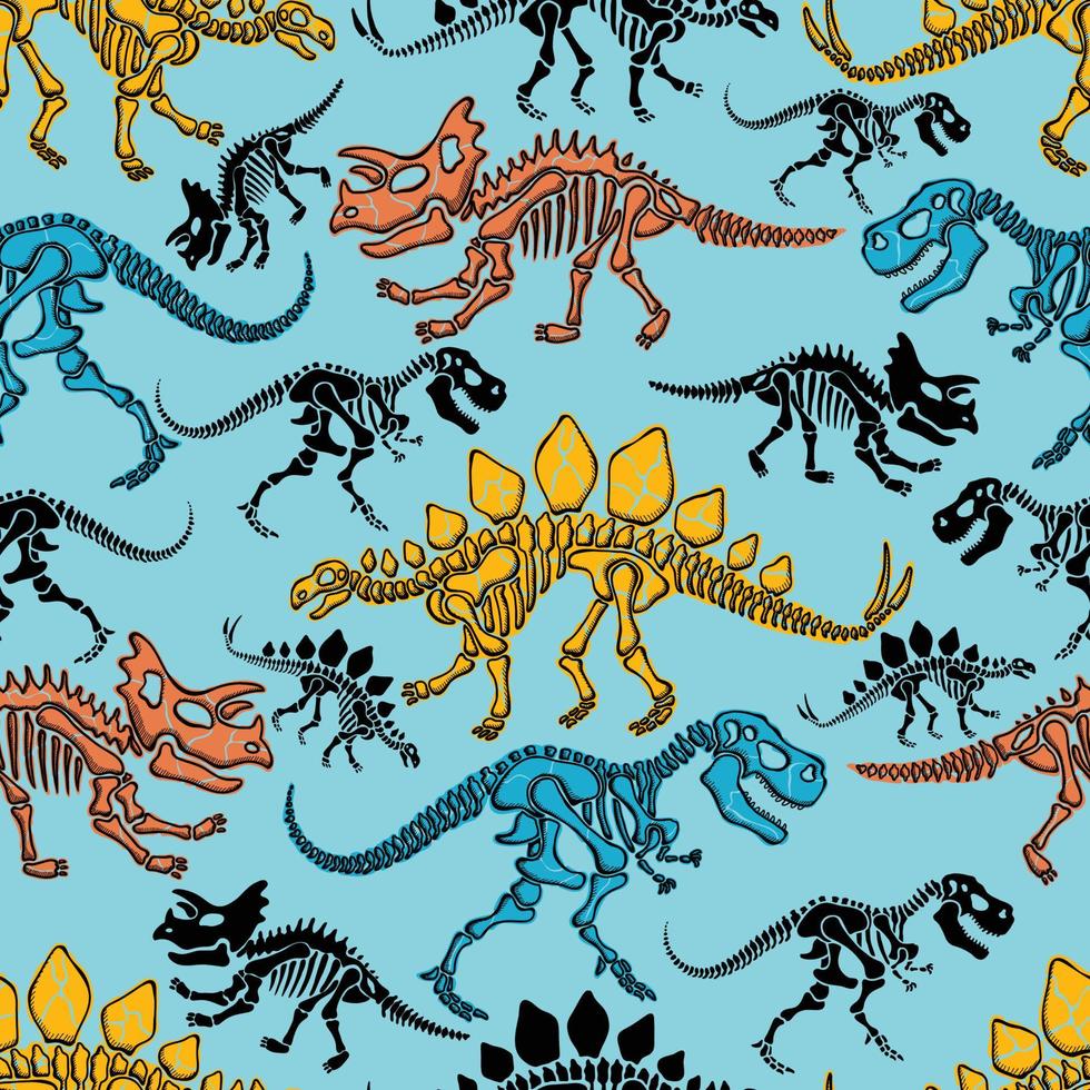 Vektor nahtloses Muster von handgezeichneten Dinosaurierskelettkarikaturen