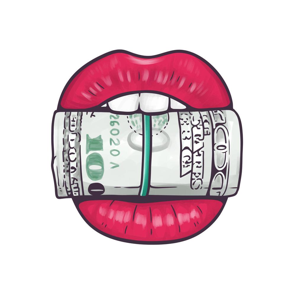 sexig röd mun bitande en rulla av pengar. vektor tecknad serie illustration