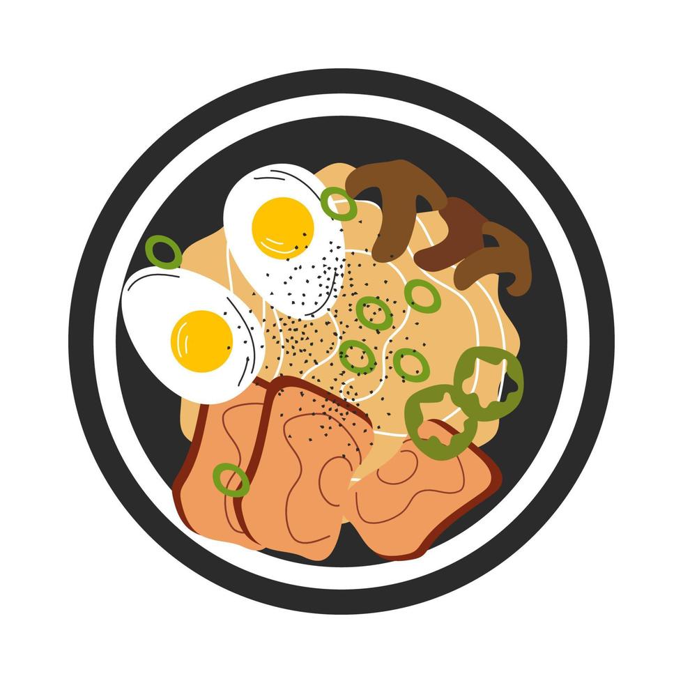 topp se Färg illustration av utsökt Ramen soppa med svamp och kött. japansk mat begrepp. vektor stock illustration isolerat på vit bakgrund. platt stil