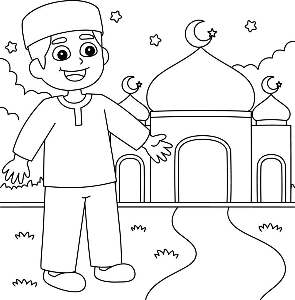 ramadan muslim pojke i främre av moské färg vektor