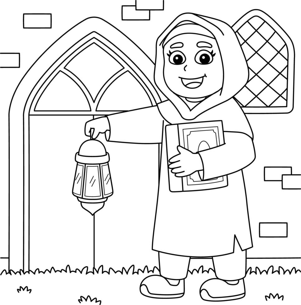 ramadan muslimisches mädchen mit koran, laternenfärbung vektor