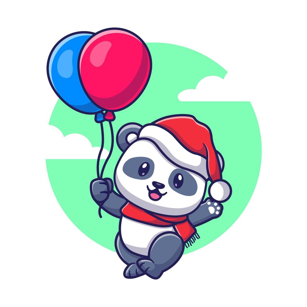 niedlicher panda, der mit luftballons für weihnachten, für das neue jahr und für weihnachtskarikaturillustration fliegt. vektor