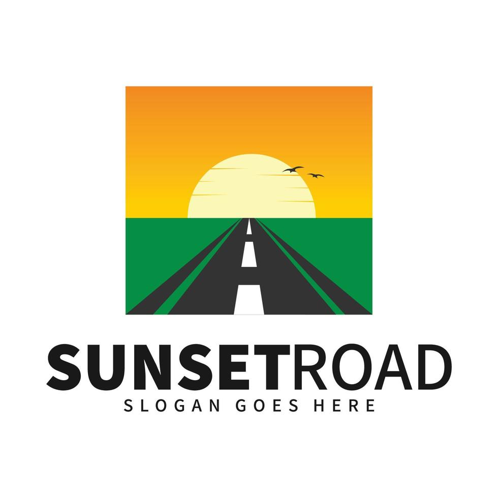 Sunset Road Trip Logo Vektor mit Highway Travel Icon und Sunrise Landschaft