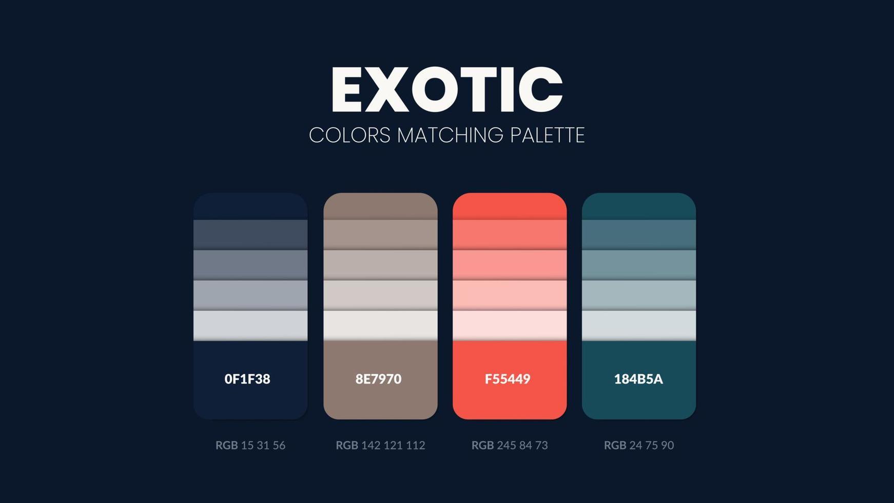 exotisk Färg schema. Färg trender kombinationer och palett guide. exempel av tabell Färg nyanser i rgb och hex. Färg swatch för mode, Hem, interiörer design 2022. Färg Diagram aning vektor. vektor