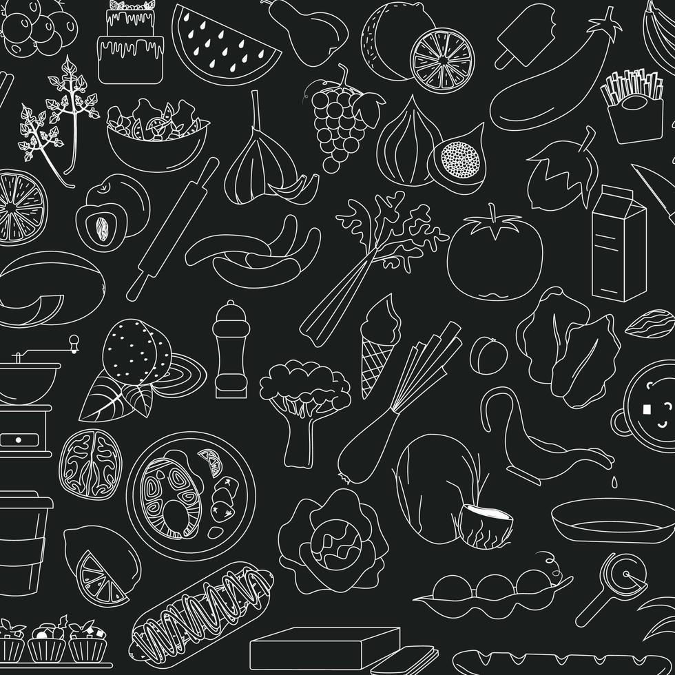 bondens marknadsföra bakgrund med linje ikoner. frukter, grönsaker, ägg, kött och fisk - vektor