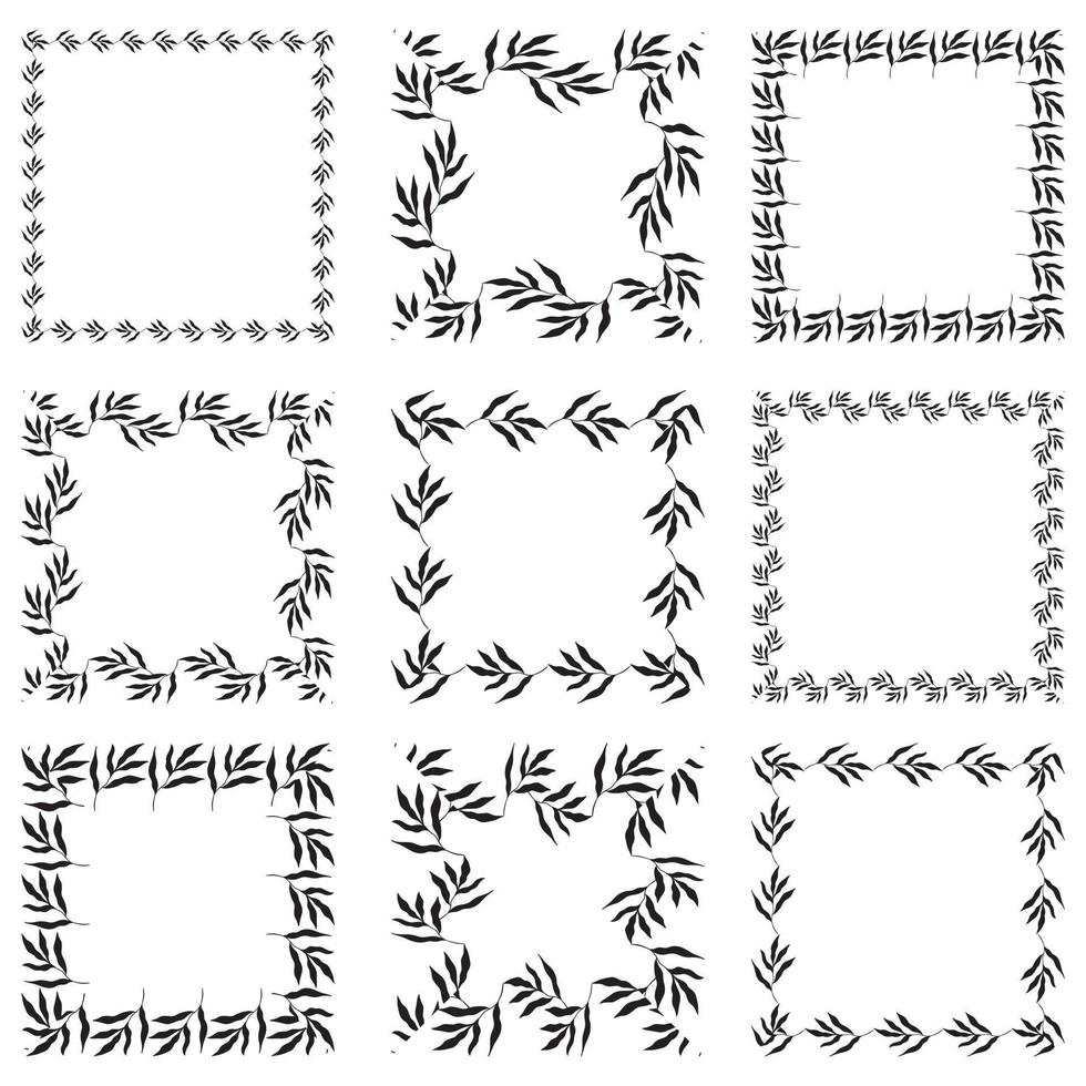 illustration av samling av diverse fyrkantiga svarta fyrkantiga ramar gjorda av växter på vit isolerad bakgrund vektor