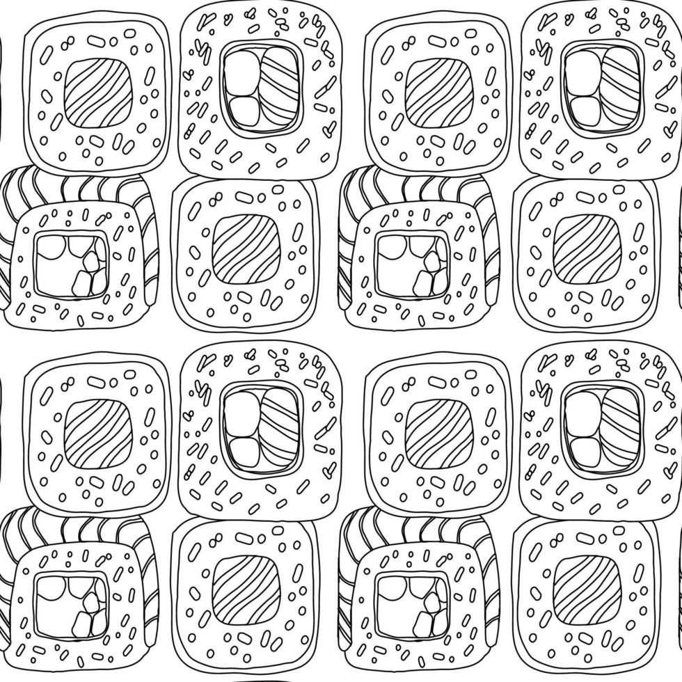 sömlös mönster med sushi rulla illustration i klotter stil svart Färg på vit bakgrund vektor