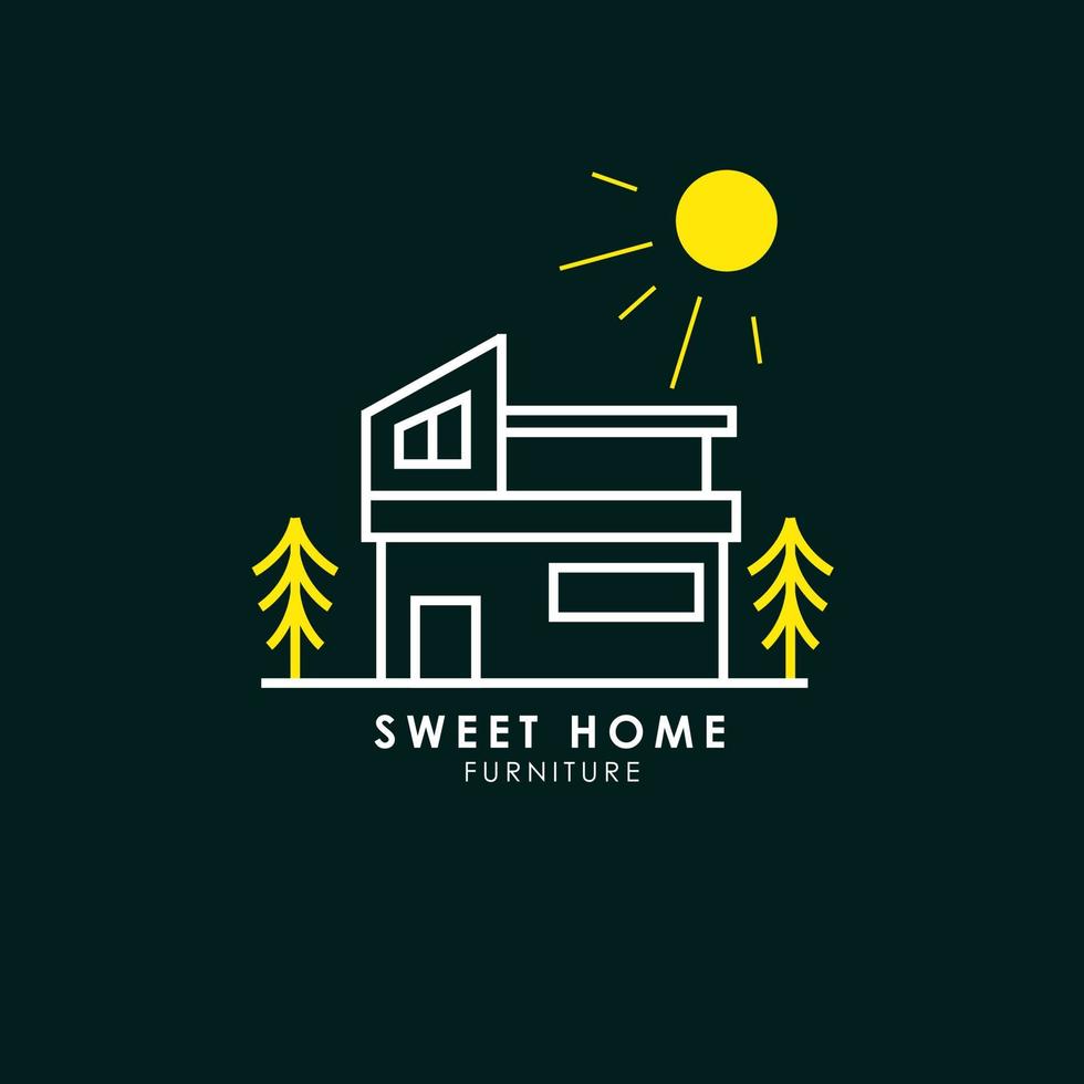 moderne süße home-logo-möbel mit kiefernbaum am sonnigen tag vektor