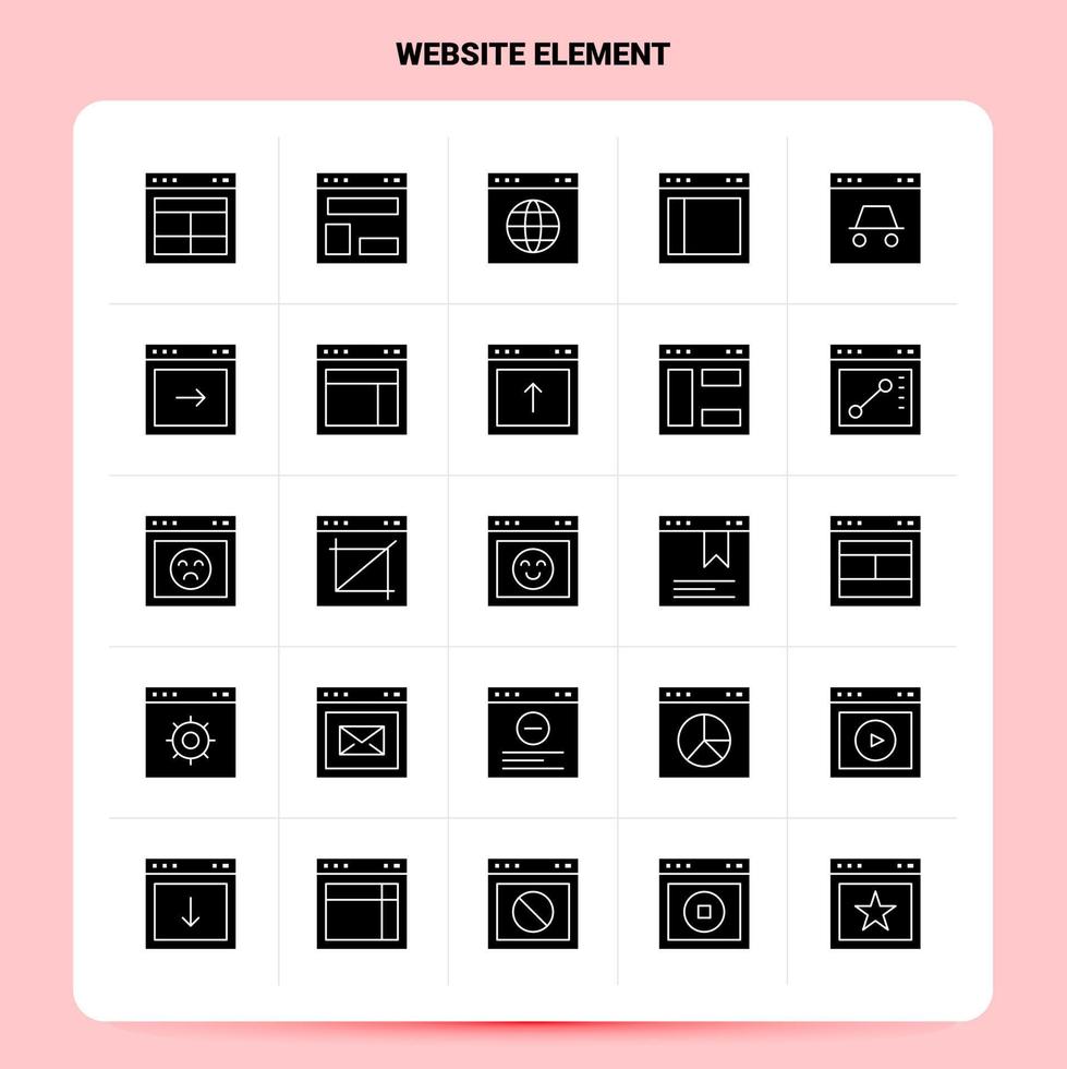 fast 25 hemsida element ikon uppsättning vektor glyf stil design svart ikoner uppsättning webb och mobil företag idéer design vektor illustration