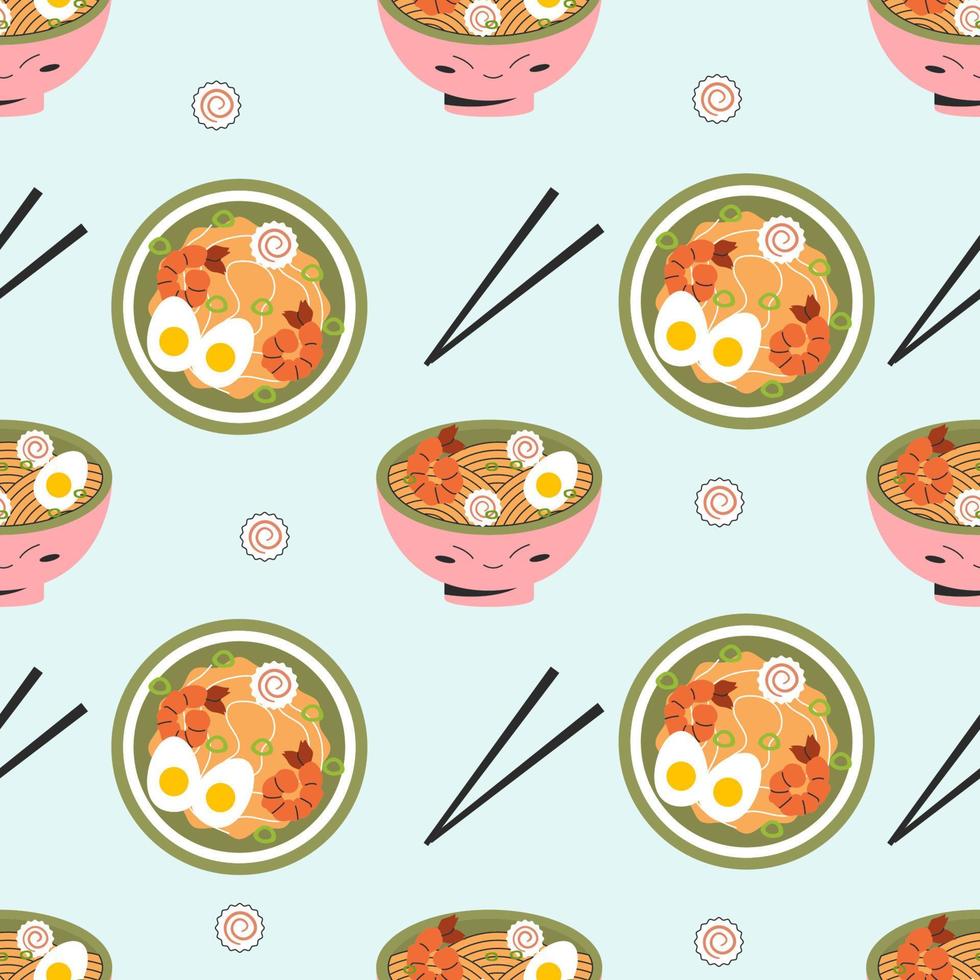 nahtloses muster mit japanischem essen ramen suppe essstäbchen. Vektor Stock Illustration auf blauem Hintergrund im flachen Stil