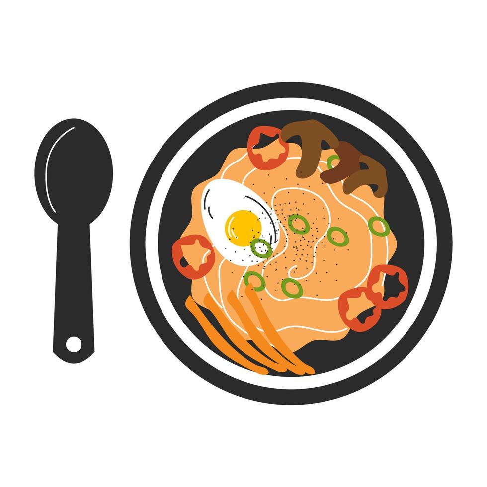 topp se Färg illustration av utsökt Ramen soppa med svamp paprika och morot. japansk mat begrepp. vektor stock illustration isolerat på vit bakgrund. platt stil