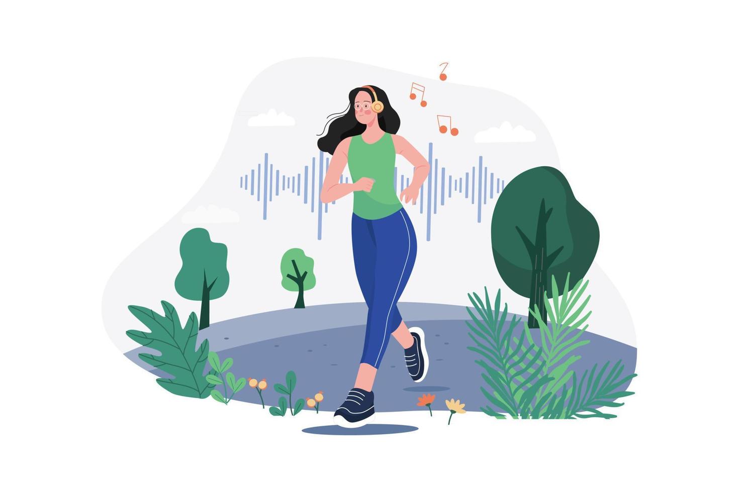kvinna lyssnar på en podcast medan du joggar vektor