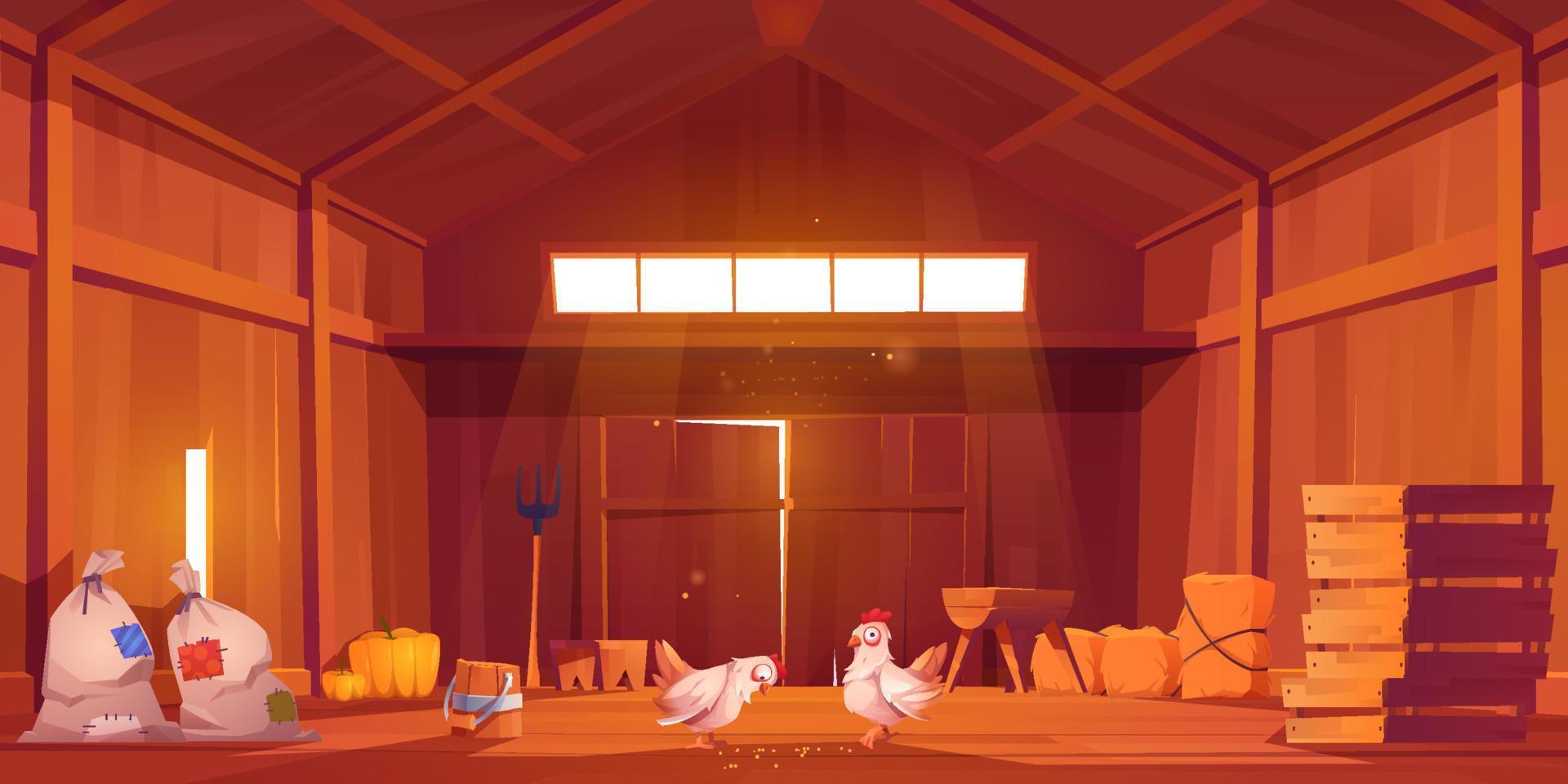 Scheuneninnenraum mit Huhn, Bauernhausinnenansicht vektor