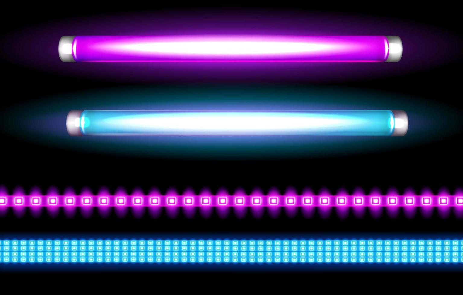 neon rör lampor och led remsor, lång ljus lökar vektor
