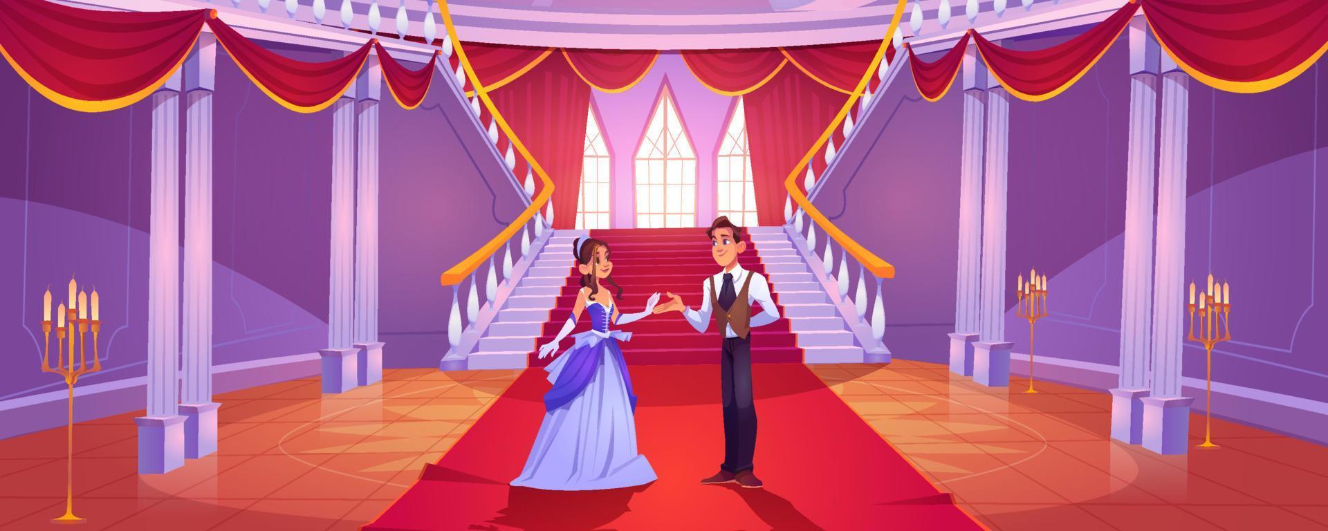 Prinz und Prinzessin im königlichen Schlosssaal vektor