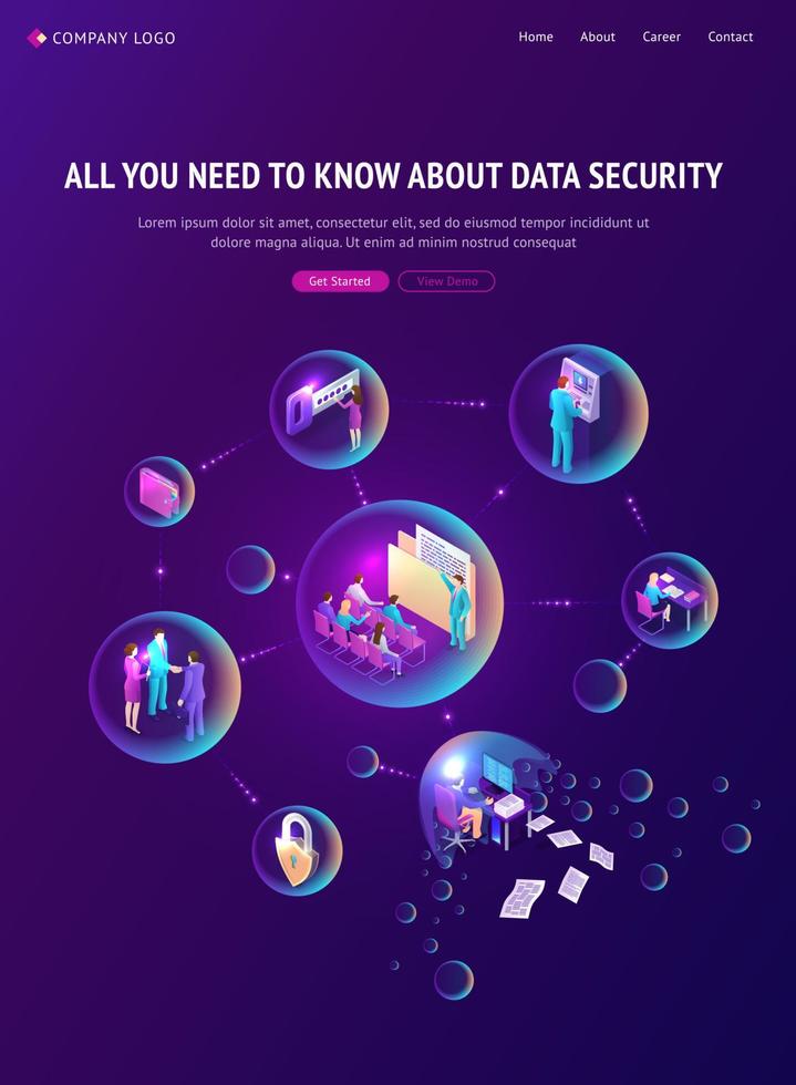 cyber data säkerhet isometrisk landning sida, baner vektor