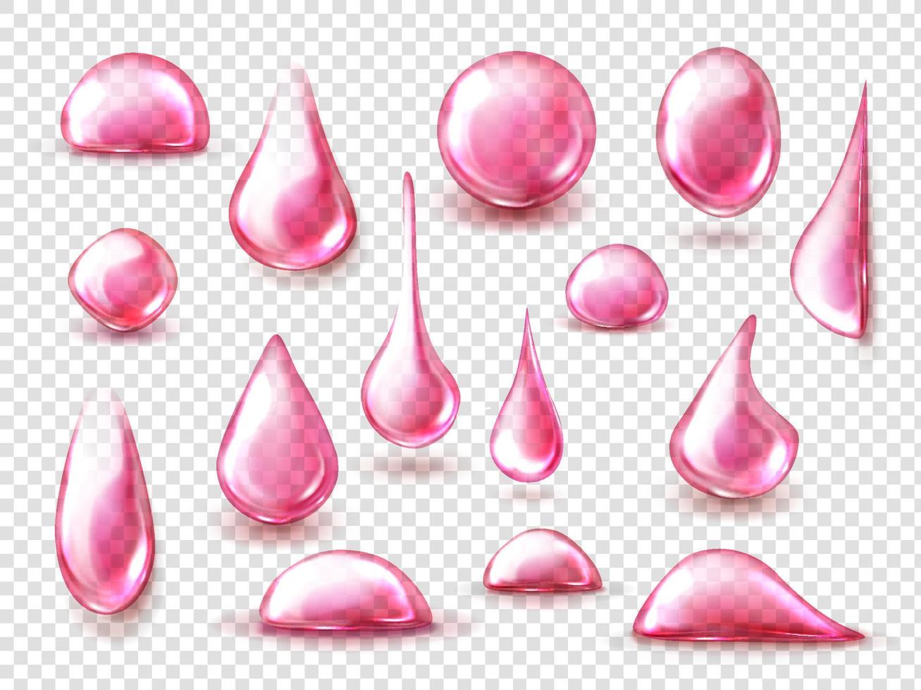 Set aus roten Tropfen rosa Wasser, Saft oder Wein vektor