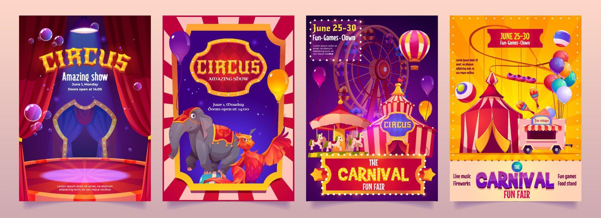 Zirkusshow-Banner, Karnevalsflyer mit großen Zelten vektor