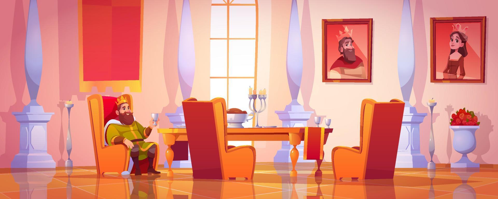 König mit Kelch am Tisch sitzend mit Essen, Utensilien und Essen im Speisesaal des Schlosses. mittelalterlicher palastinnenraum mit porträts der königlichen familie, möbeln und marmorsäulen, karikaturvektorillustration vektor