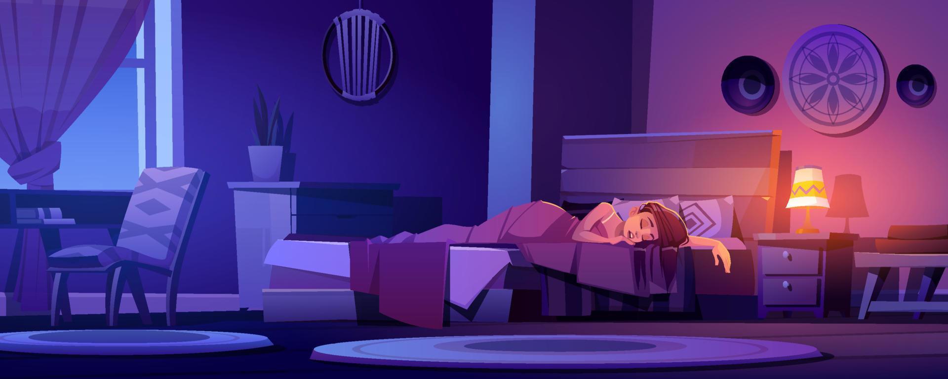 Frau schläft nachts im Bett im Boho-Interieur vektor