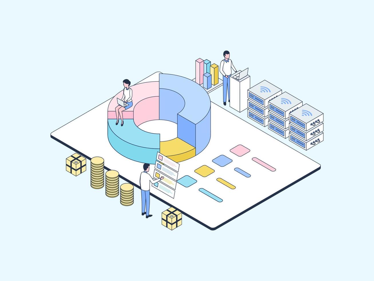 lineare farbe der isometrischen darstellung der geschäftsanalyse. geeignet für mobile Apps, Websites, Banner, Diagramme, Infografiken und andere grafische Elemente. vektor