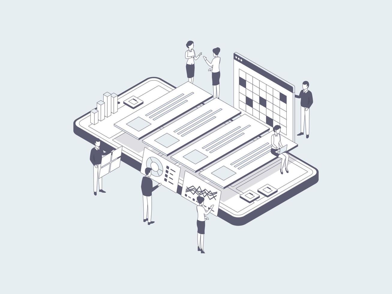 projekt förvaltning isometrisk illustration linjär grå. lämplig för mobil app, hemsida, baner, diagram, infografik, och Övrig grafisk tillgångar. vektor