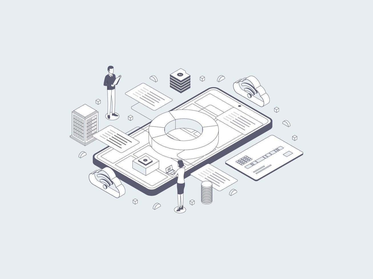 bokföring förvaltning isometrisk illustration linjär grå. lämplig för mobil app, hemsida, baner, diagram, infografik, och Övrig grafisk tillgångar. vektor