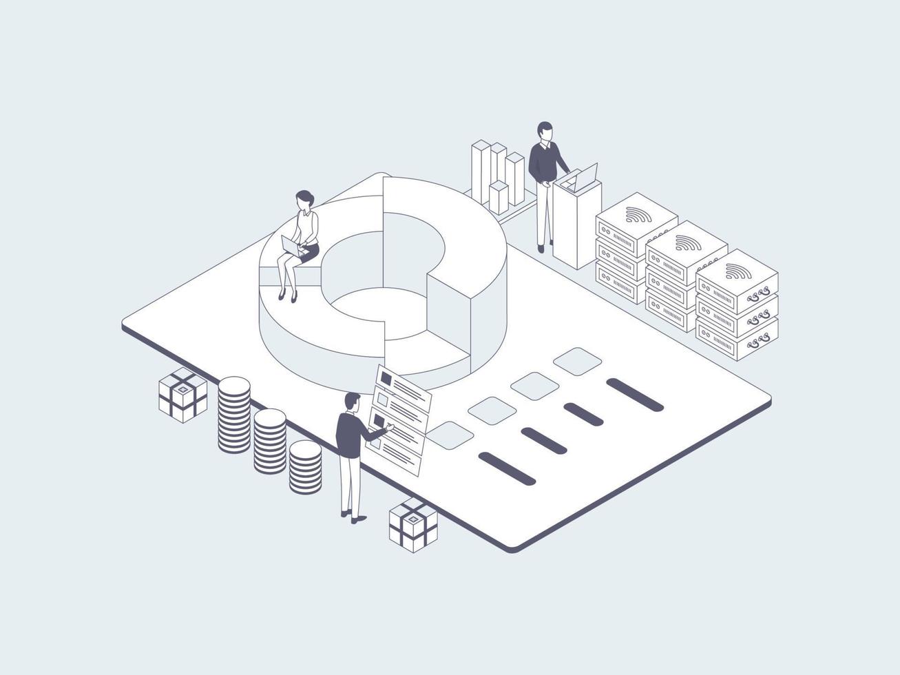 företag analytisk isometrisk illustration linjär grå. lämplig för mobil app, hemsida, baner, diagram, infografik, och Övrig grafisk tillgångar. vektor