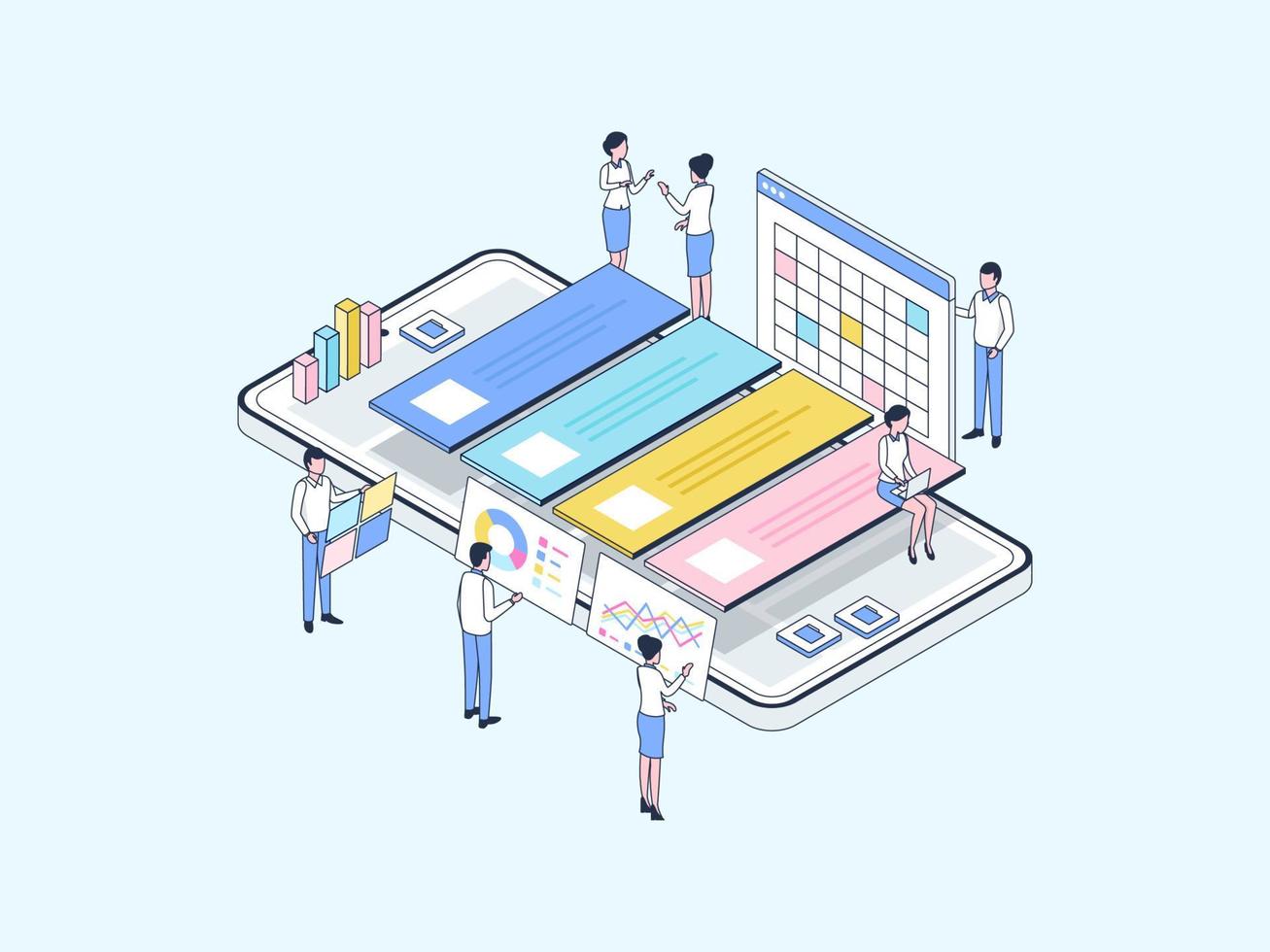 projekt förvaltning isometrisk illustration linjär Färg. lämplig för mobil app, hemsida, baner, diagram, infografik, och Övrig grafisk tillgångar. vektor