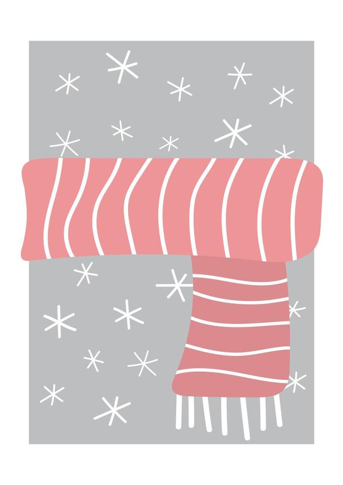 mysigt rosa scarf på en grå hälsning kort med snöflingor. jul minimalistisk design, vektor hand dra illustration för design och kreativitet