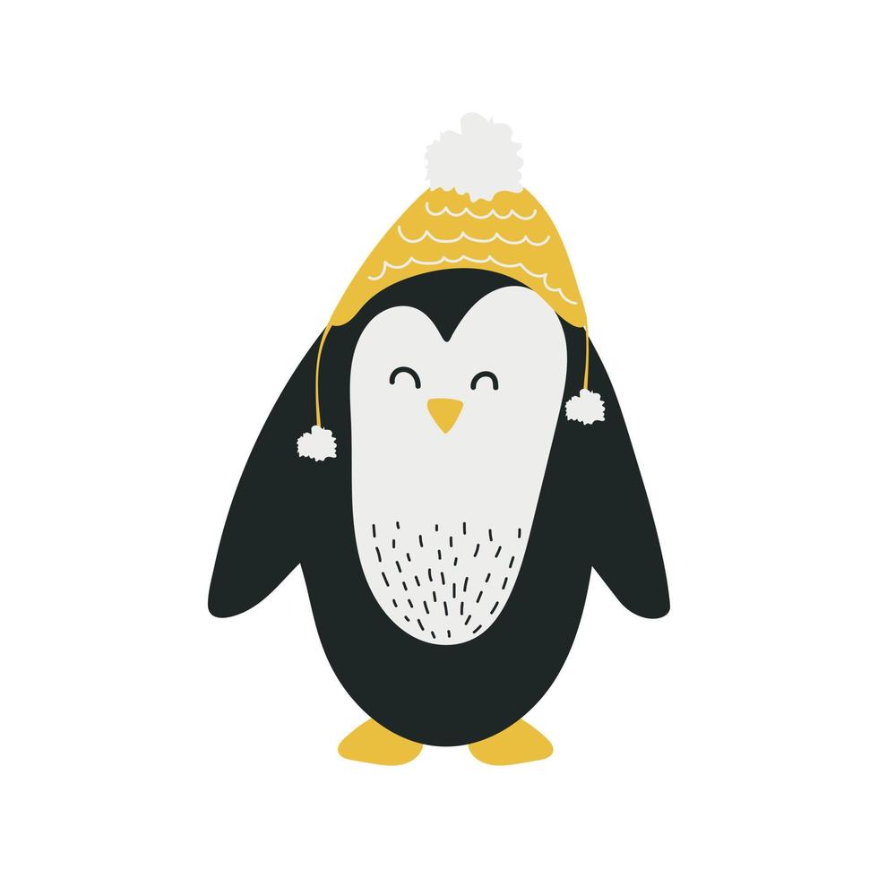 süßer pinguin in gestrickter wintermütze. karikaturtiercharakter. vektorillustration für kinder. Skandinavischer minimalistischer Kinderstil, schwarz und gelb vektor