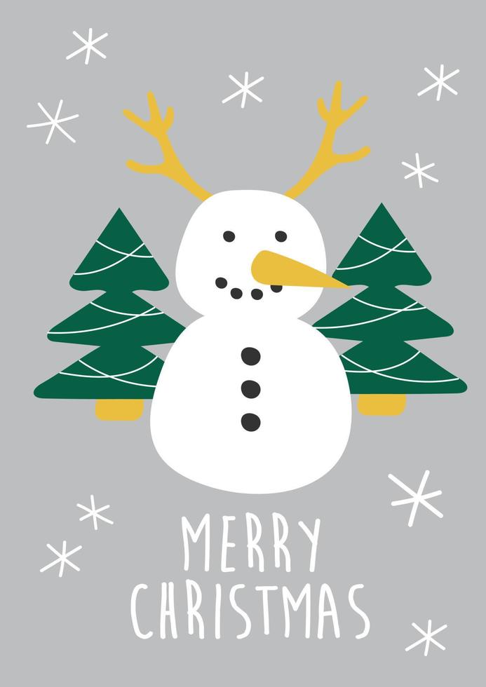 kreativ hand dragen jul kort med rolig leende snögubbe med horn och jul träd på bakgrund. enkel ikon vektor