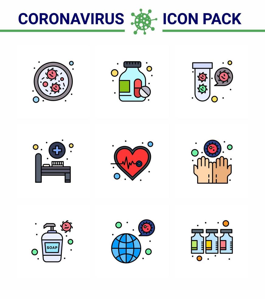 9 Flachfarben-Virenvirus-Corona-Icon-Pack wie Gesundheitsherzschlag Krankenhausbett Virus-Coronavirus 2019nov-Krankheitsvektor-Designelemente vektor