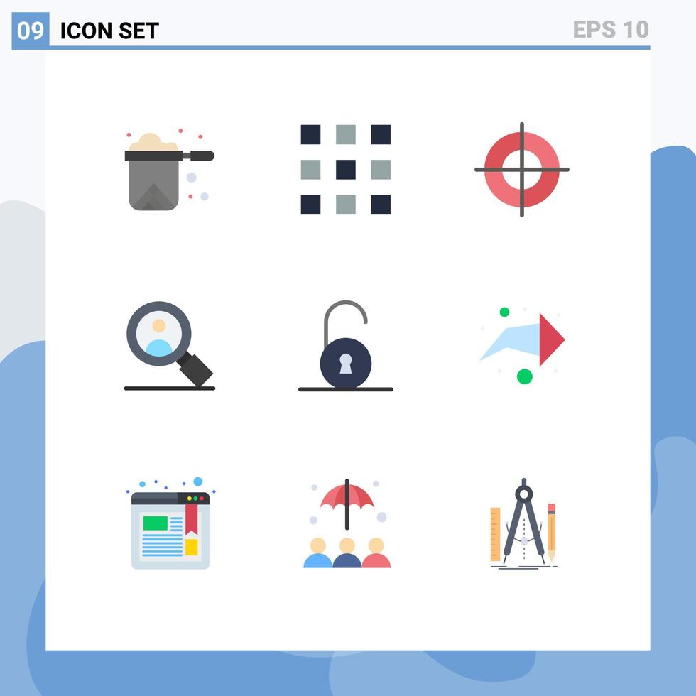 satz von 9 modernen ui-symbolen symbole zeichen für rechte vorhängeschlosspistole kreisförmige vom benutzer bearbeitbare vektordesignelemente vektor