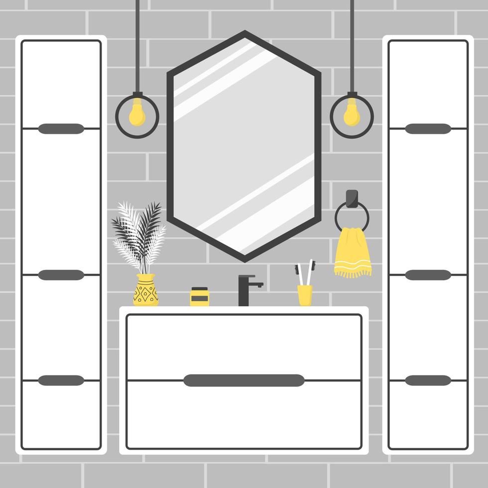 modern badrum interiör i scandinavian stil. mysigt samtida vit rum med spegel med svart ram. vektor