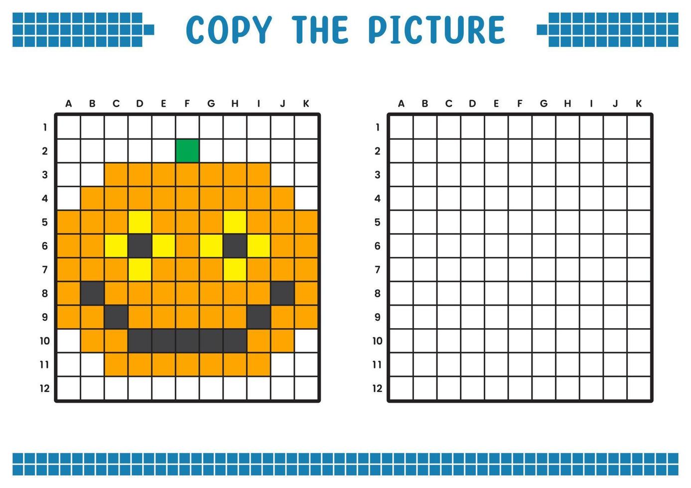 Kopieren Sie das Bild, vervollständigen Sie das Rasterbild. pädagogische arbeitsblätter zeichnen mit quadraten, färben von zellbereichen. Aktivitäten für Kinder im Vorschulalter. Cartoon-Vektor, Pixelkunst. Halloween-Kürbis-Illustration. vektor