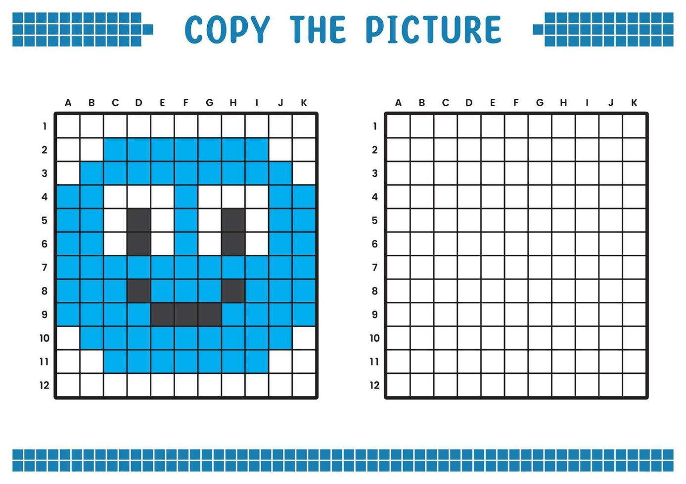 Kopieren Sie das Bild, vervollständigen Sie das Rasterbild. pädagogische arbeitsblätter zeichnen mit quadraten, färben von zellbereichen. Aktivitäten für Kinder im Vorschulalter. Cartoon-Vektor, Pixelkunst. Illustration eines lächelnden Gesichts. vektor