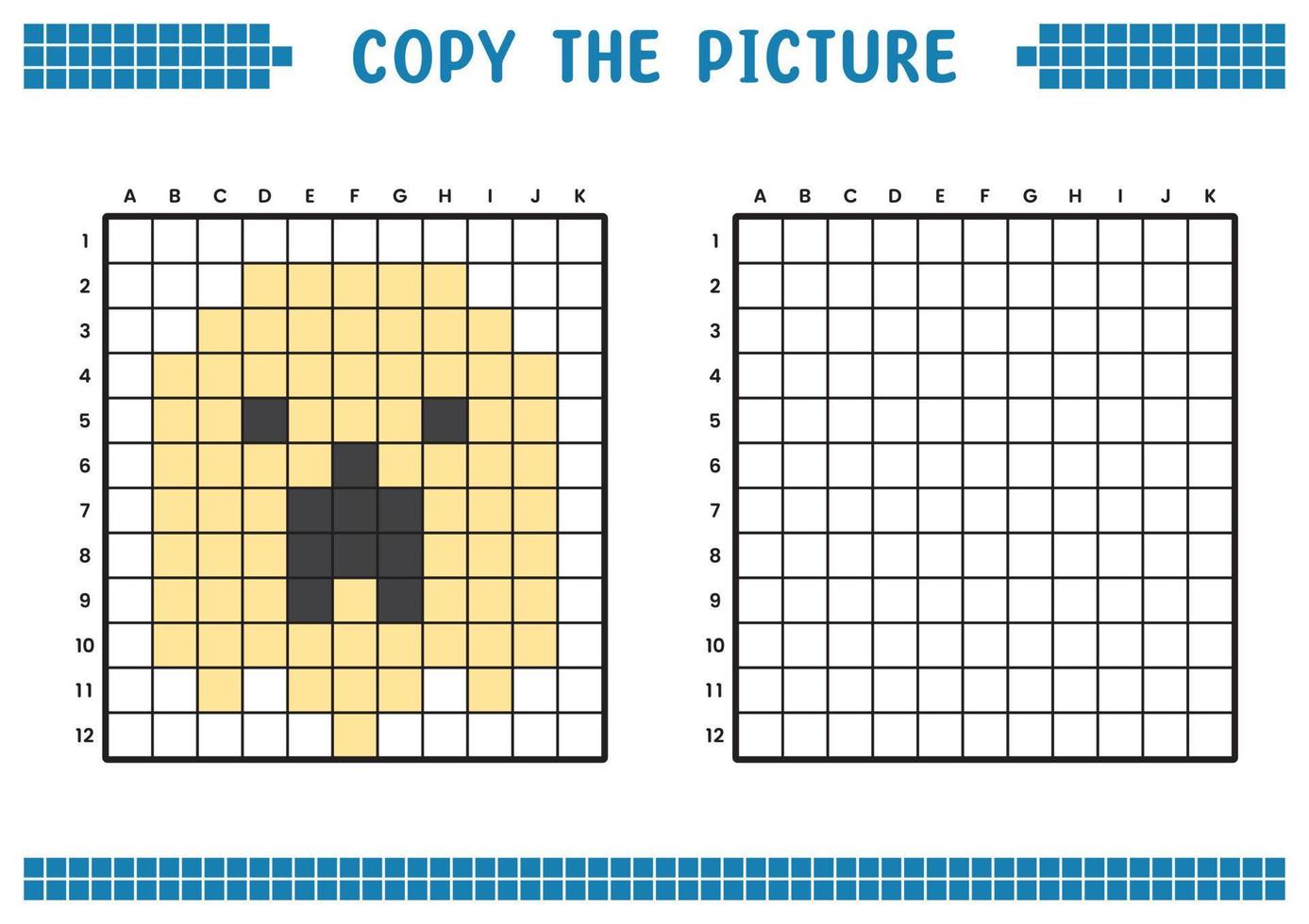 Kopieren Sie das Bild, vervollständigen Sie das Rasterbild. pädagogische arbeitsblätter zeichnen mit quadraten, färben von zellbereichen. Aktivitäten für Kinder im Vorschulalter. Cartoon-Vektor, Pixelkunst. Illustration eines Geistersymbols. vektor