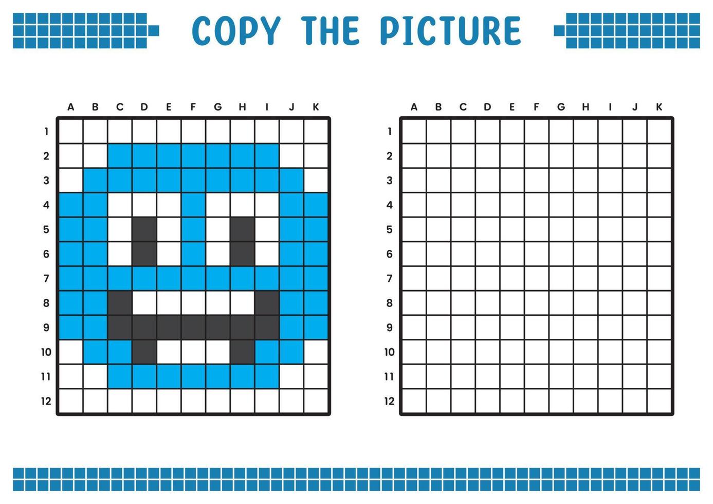 Kopieren Sie das Bild, vervollständigen Sie das Rasterbild. pädagogische arbeitsblätter zeichnen mit quadraten, farbflächen. Aktivitäten für Kinder im Vorschulalter. Cartoon-Vektor, Pixelkunst. Illustration des glücklichen Ausdrucks. vektor