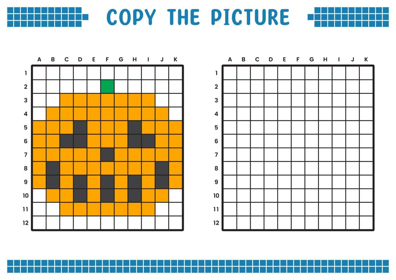 Kopieren Sie das Bild, vervollständigen Sie das Rasterbild. pädagogische arbeitsblätter zeichnen mit quadraten, färben von zellbereichen. Aktivitäten für Kinder im Vorschulalter. Cartoon-Vektor, Pixelkunst. Halloween-Kürbis-Illustration. vektor