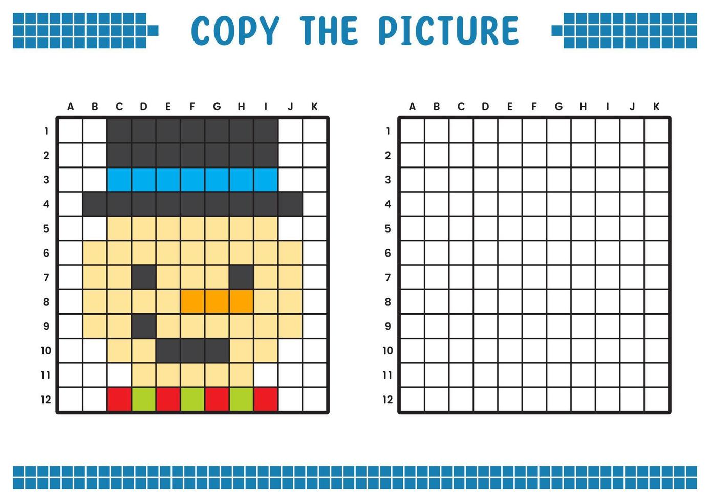 Kopieren Sie das Bild, vervollständigen Sie das Rasterbild. pädagogische arbeitsblätter zeichnen mit quadraten, färben von zellbereichen. Aktivitäten für Kinder im Vorschulalter. Cartoon-Vektor, Pixelkunst. Illustration eines Schneemanns. vektor