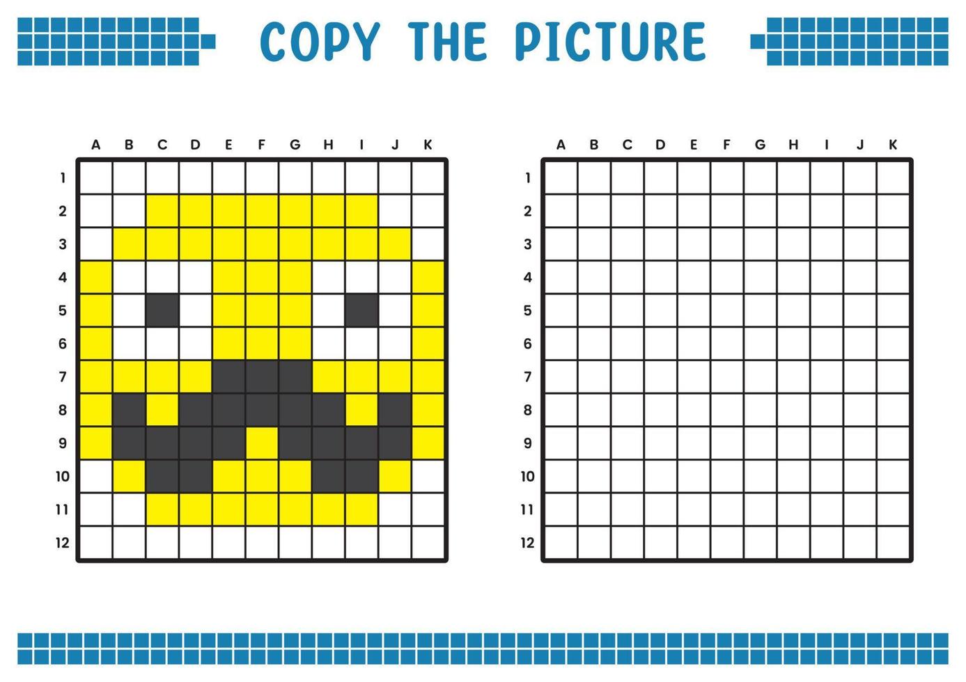 Kopieren Sie das Bild, vervollständigen Sie das Rasterbild. pädagogische arbeitsblätter zeichnen mit quadraten, farbflächen. Aktivitäten für Kinder im Vorschulalter. Cartoon-Vektor, Pixelkunst. Illustration des Gesichts mit Schnurrbart. vektor