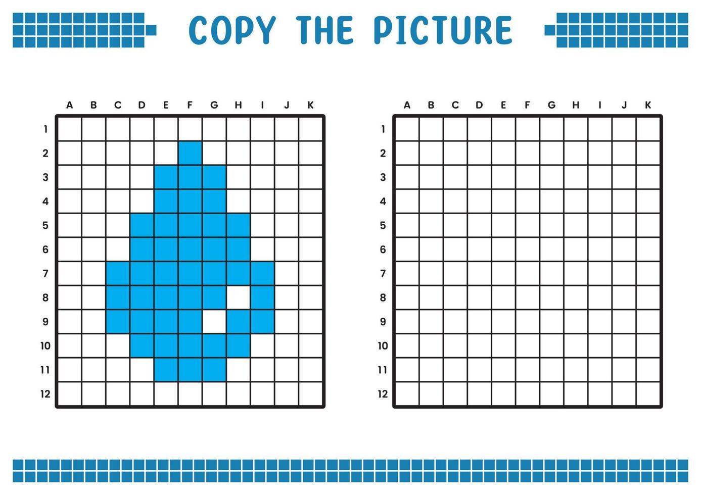 Kopieren Sie das Bild, vervollständigen Sie das Rasterbild. pädagogische arbeitsblätter zeichnen mit quadraten, farbflächen. Aktivitäten für Kinder im Vorschulalter. Cartoon-Vektor, Pixelkunst. Tropfen Wasser Symbol Abbildung. vektor