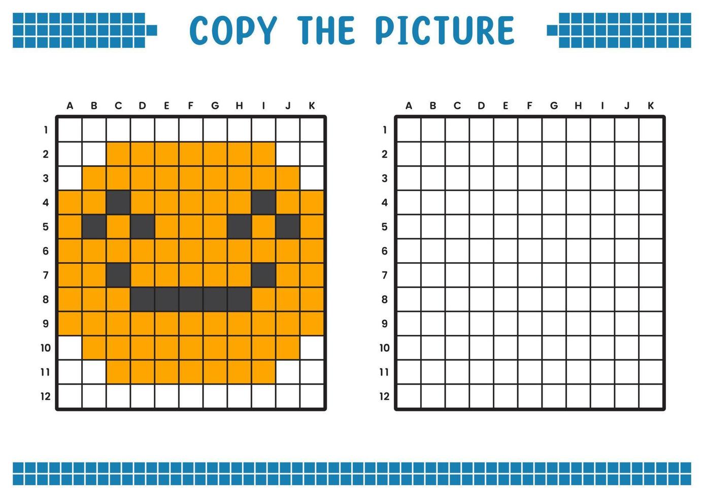 Kopieren Sie das Bild, vervollständigen Sie das Rasterbild. pädagogische arbeitsblätter zeichnen mit quadraten, färben von zellbereichen. Aktivitäten für Kinder im Vorschulalter. Cartoon-Vektor, Pixelkunst. Illustration eines lächelnden Gesichts. vektor