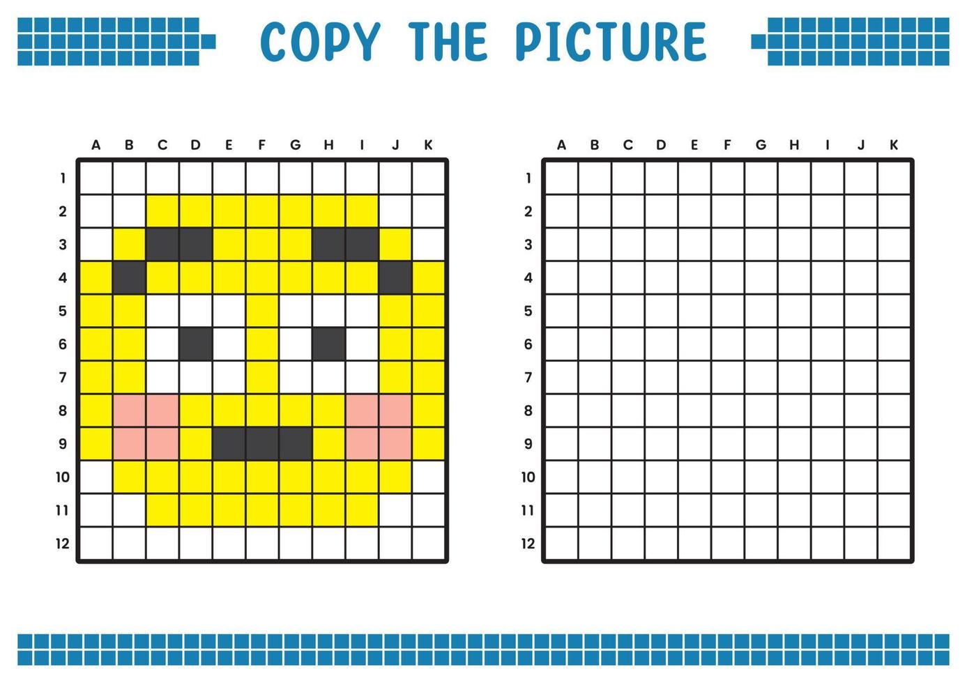 Kopieren Sie das Bild, vervollständigen Sie das Rasterbild. pädagogische arbeitsblätter zeichnen mit quadraten, farbflächen. Aktivitäten für Kinder im Vorschulalter. Cartoon-Vektor, Pixelkunst. überraschte Ausdrucksillustration. vektor