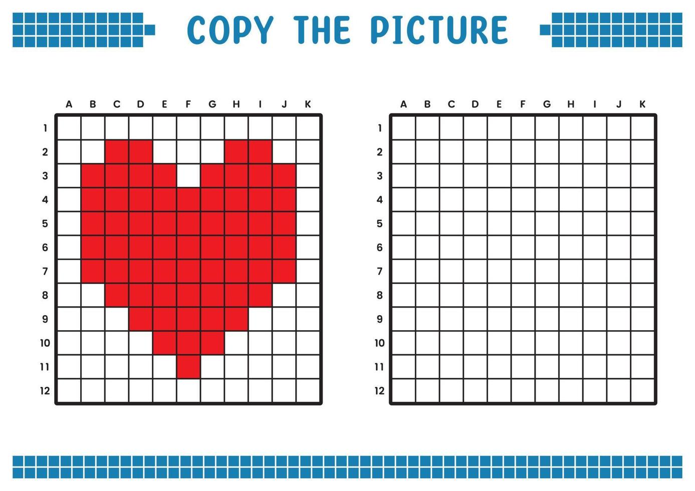 kopia de bild, komplett de rutnät bild. pedagogisk kalkylblad teckning med rutor, färg cell områden. barns förskola aktiviteter. tecknad serie vektor, pixel konst. röd hjärta illustration symbol vektor