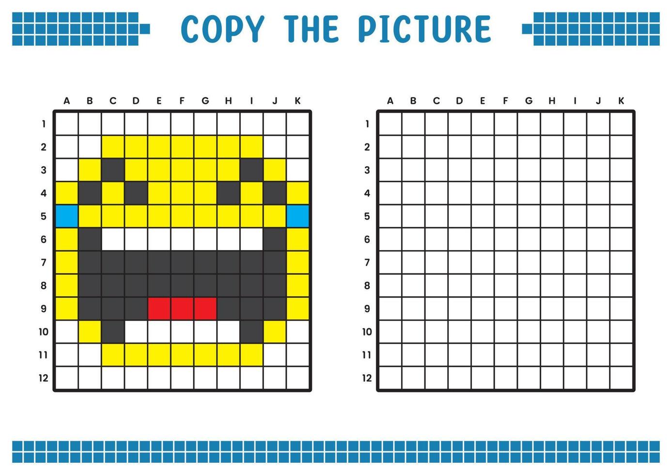 Kopieren Sie das Bild, vervollständigen Sie das Rasterbild. pädagogische arbeitsblätter zeichnen mit quadraten, farbflächen. Aktivitäten für Kinder im Vorschulalter. Cartoon-Vektor, Pixelkunst. Illustration des lachenden Ausdrucks. vektor