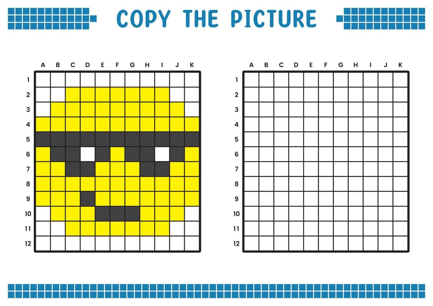 Kopieren Sie das Bild, vervollständigen Sie das Rasterbild. pädagogische arbeitsblätter zeichnen mit quadraten, farbflächen. Aktivitäten für Kinder im Vorschulalter. Cartoon-Vektor, Pixelkunst. Illustration eines Gesichts mit Brille. vektor